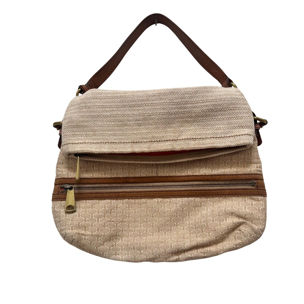 Fossil Explorer Fold Over Tote Bag Canvas Leather Beige Brown Chic Designer